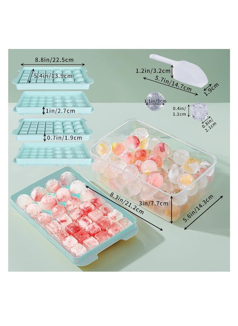 أرابايت صينية مكعبات الثلج مع غطاء وصندوق للفريزر، قوالب مكعبات ثلج دائرية ومربعة للفريزر، صينية ثلج مع حاوية صينية مكعبات الثلج لصنع 66 قطعة من الجليد الكروي، كوكتيل، شاي ويسكي، ملعقة ارتداء القهوة - Image 2